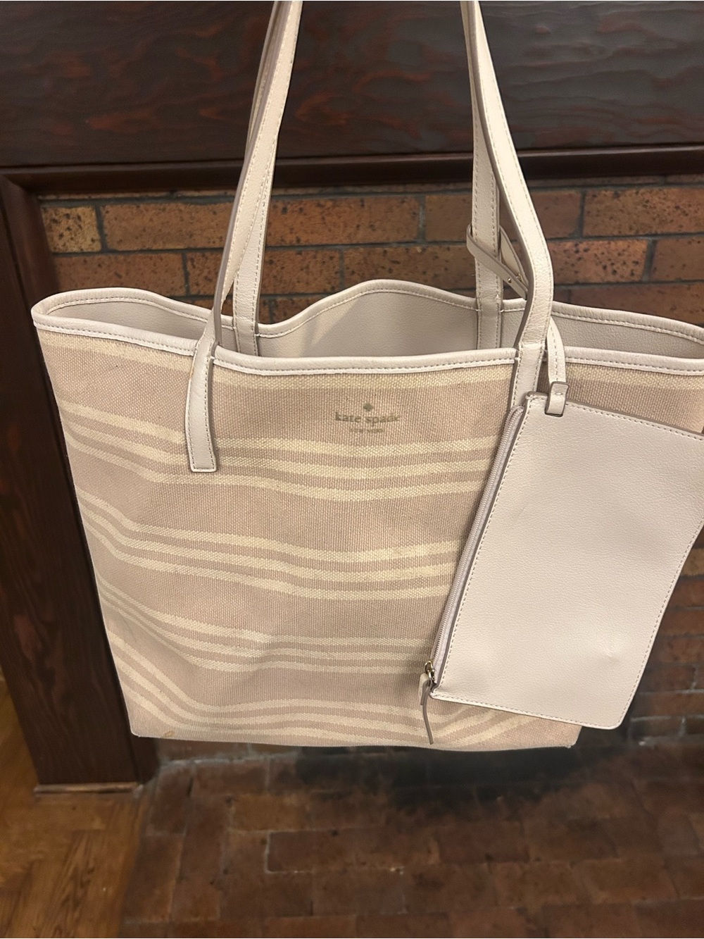 kate spade Beige and Cream Striped Canvas Tote with Pouch